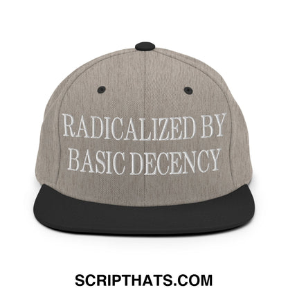 Gray snapback hat with black flat bill brim and embroidered white text reading radicalized by basic decency