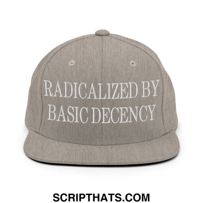 Gray snapback hat with white embroidered text reading radicalized by basic decency on flat bill brim