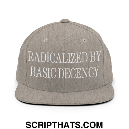 Radicalized by Basic Decency Embroidered Flat Bill Brim Snapback Hat Heather Grey