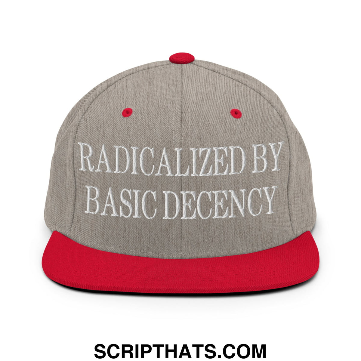 Gray and red snapback hat with white embroidered text radicalized by basic decency on flat bill brim