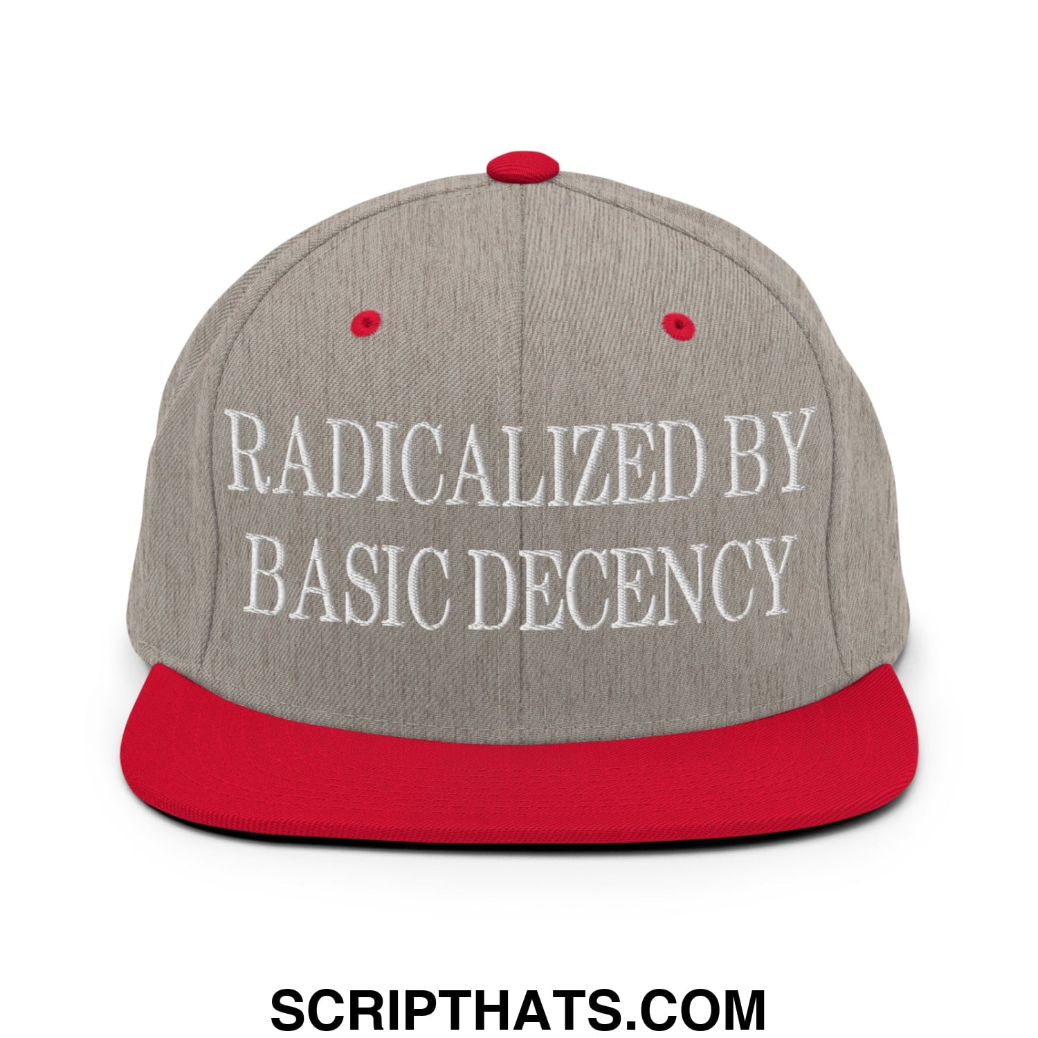 Gray and red snapback hat with white embroidered text radicalized by basic decency on flat bill brim