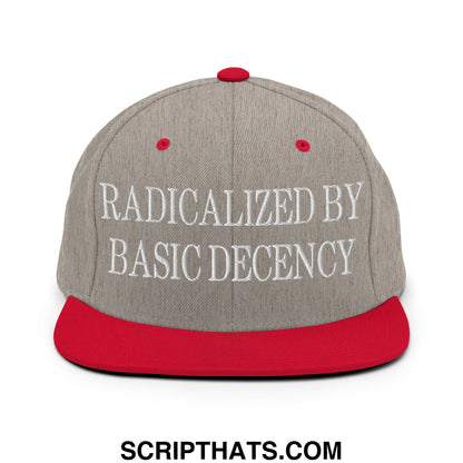 Gray and red snapback hat with white embroidered text radicalized by basic decency on flat bill brim