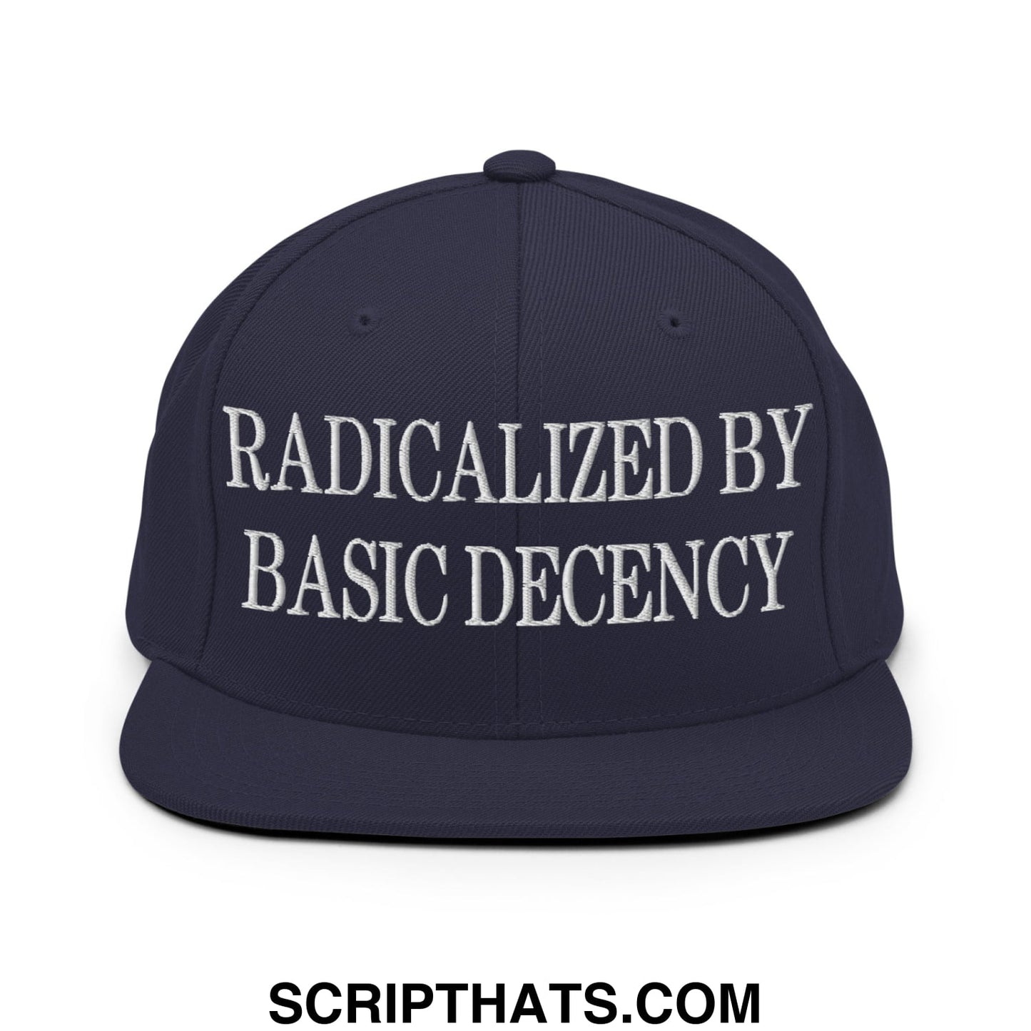 Navy blue snapback hat with white embroidered radicalized by basic decency text and flat bill brim design
