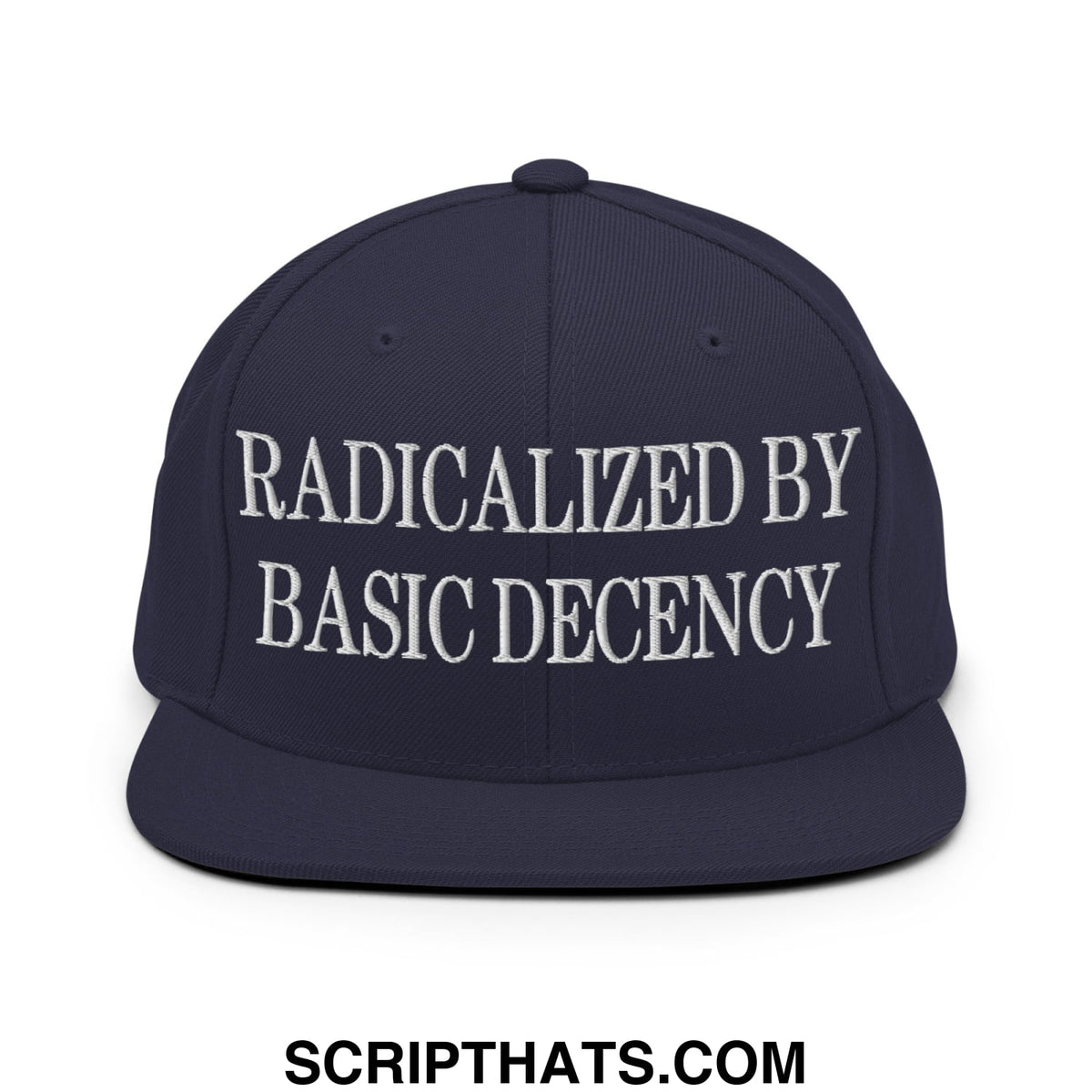 Navy blue snapback hat with white embroidered radicalized by basic decency text and flat bill brim design