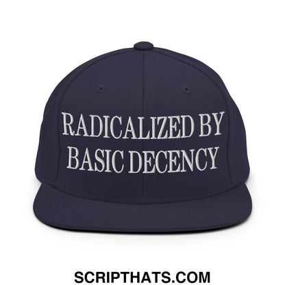 Navy blue snapback hat with white embroidered radicalized by basic decency text and flat bill brim design