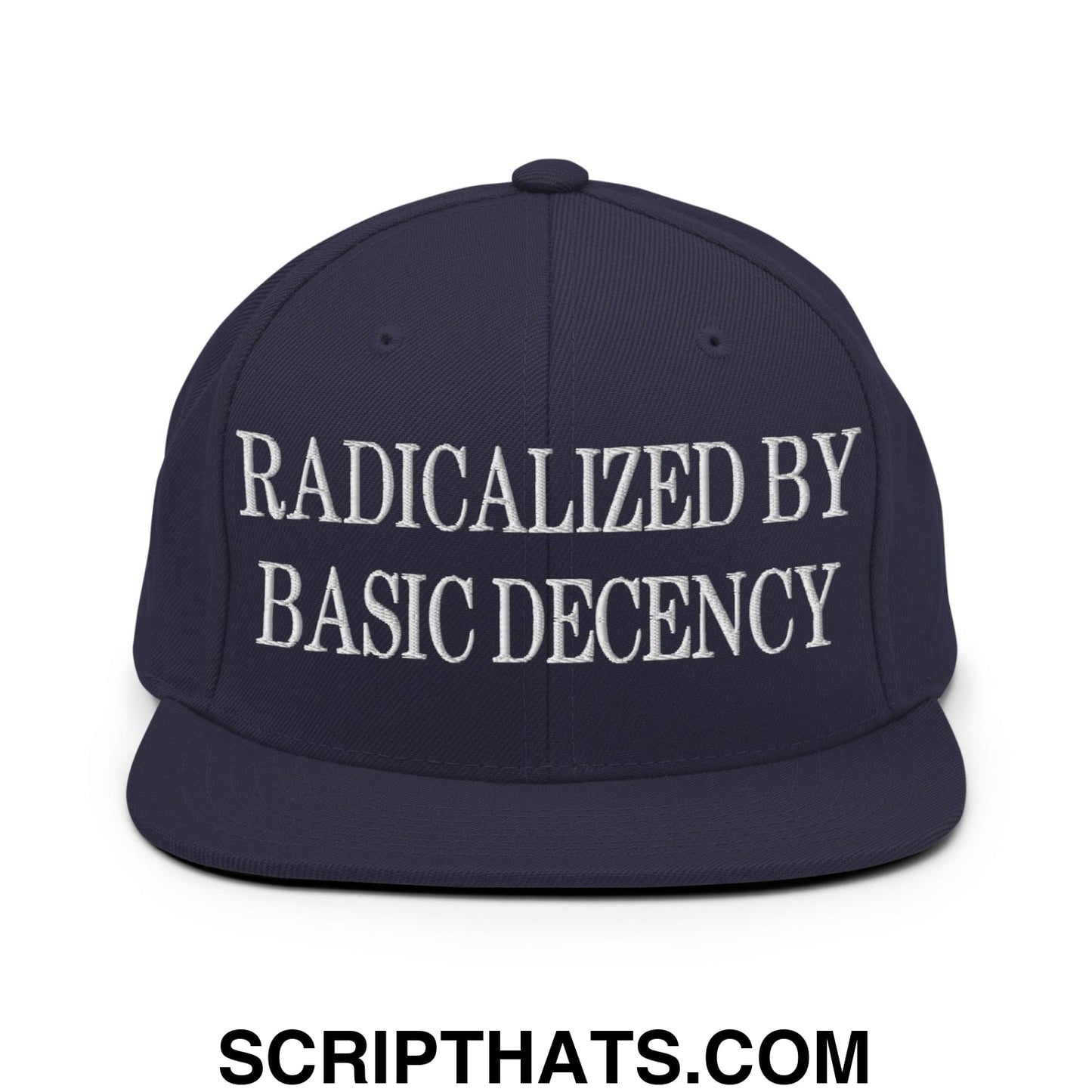 Radicalized by Basic Decency Embroidered Flat Bill Brim Snapback Hat Navy