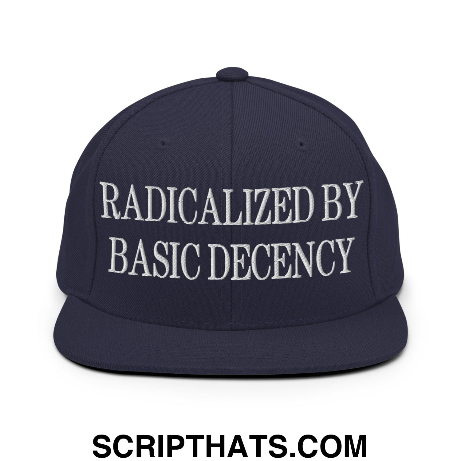 Radicalized by Basic Decency Embroidered Flat Bill Brim Snapback Hat Navy