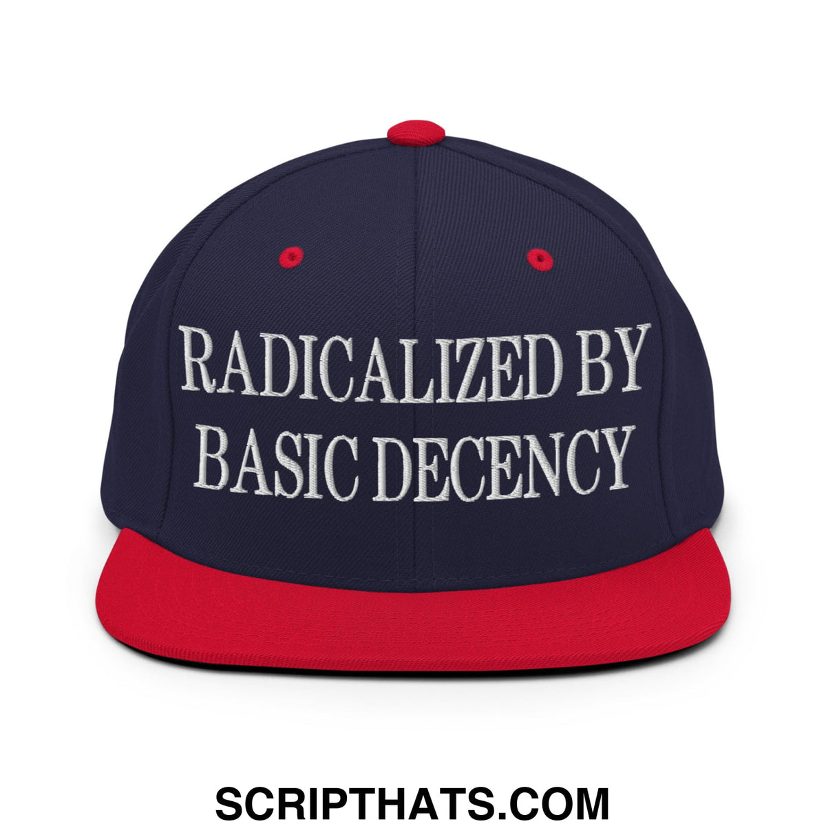 Navy blue and red snapback hat with white embroidered text radicalized by basic decency on flat bill brim
