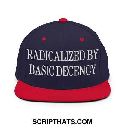 Navy blue and red snapback hat with white embroidered text radicalized by basic decency on flat bill brim