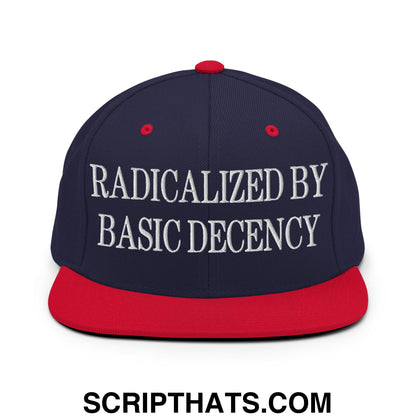 Radicalized by Basic Decency Embroidered Flat Bill Brim Snapback Hat Navy Red