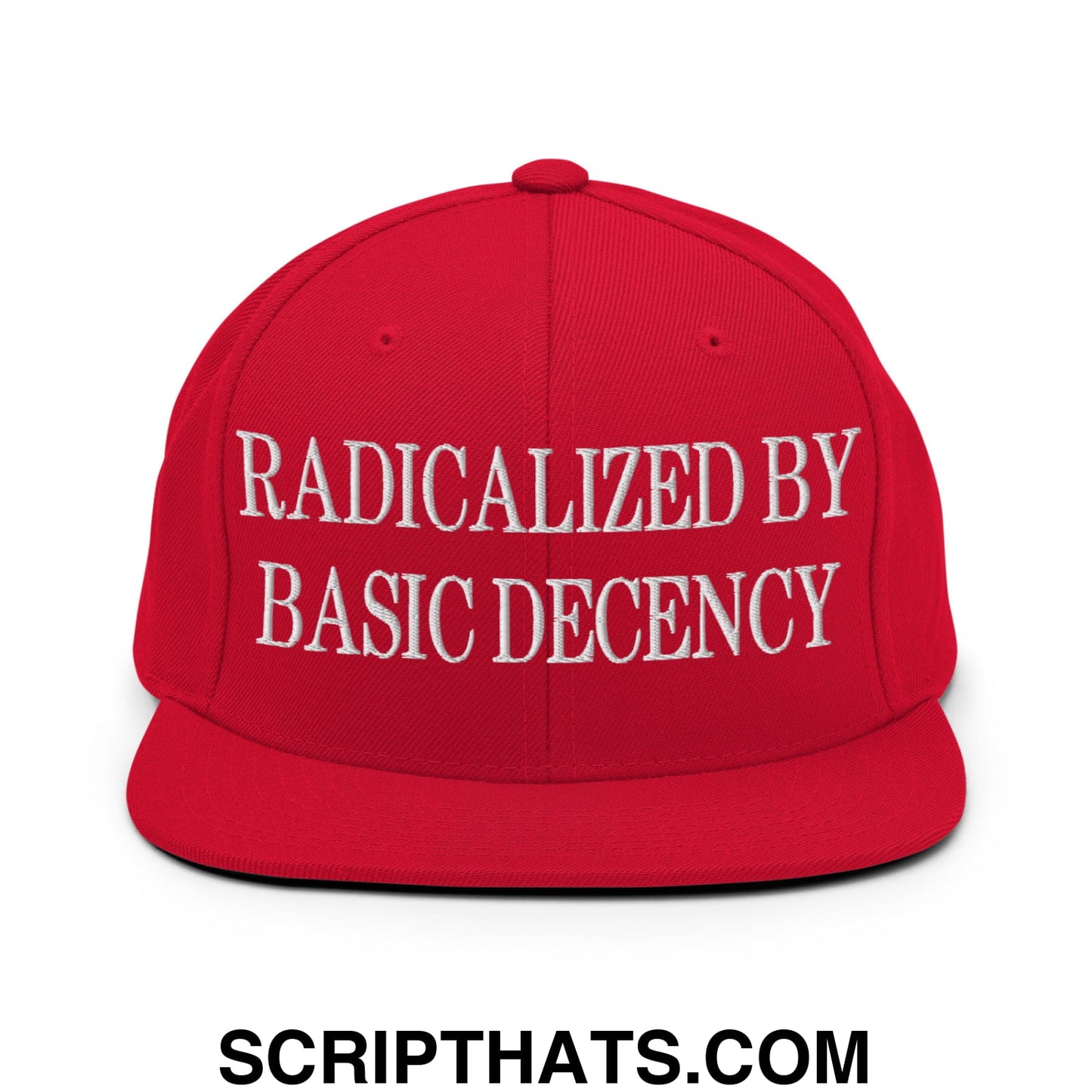 Radicalized by Basic Decency Embroidered Flat Bill Brim Snapback Hat Red