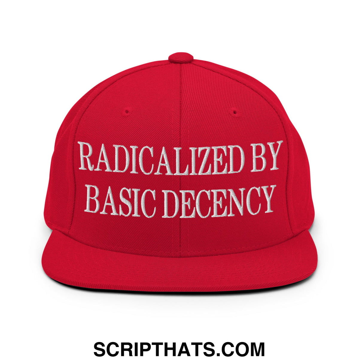 Red snapback cap with white embroidered radicalized by basic decency text on flat bill brim in casual style