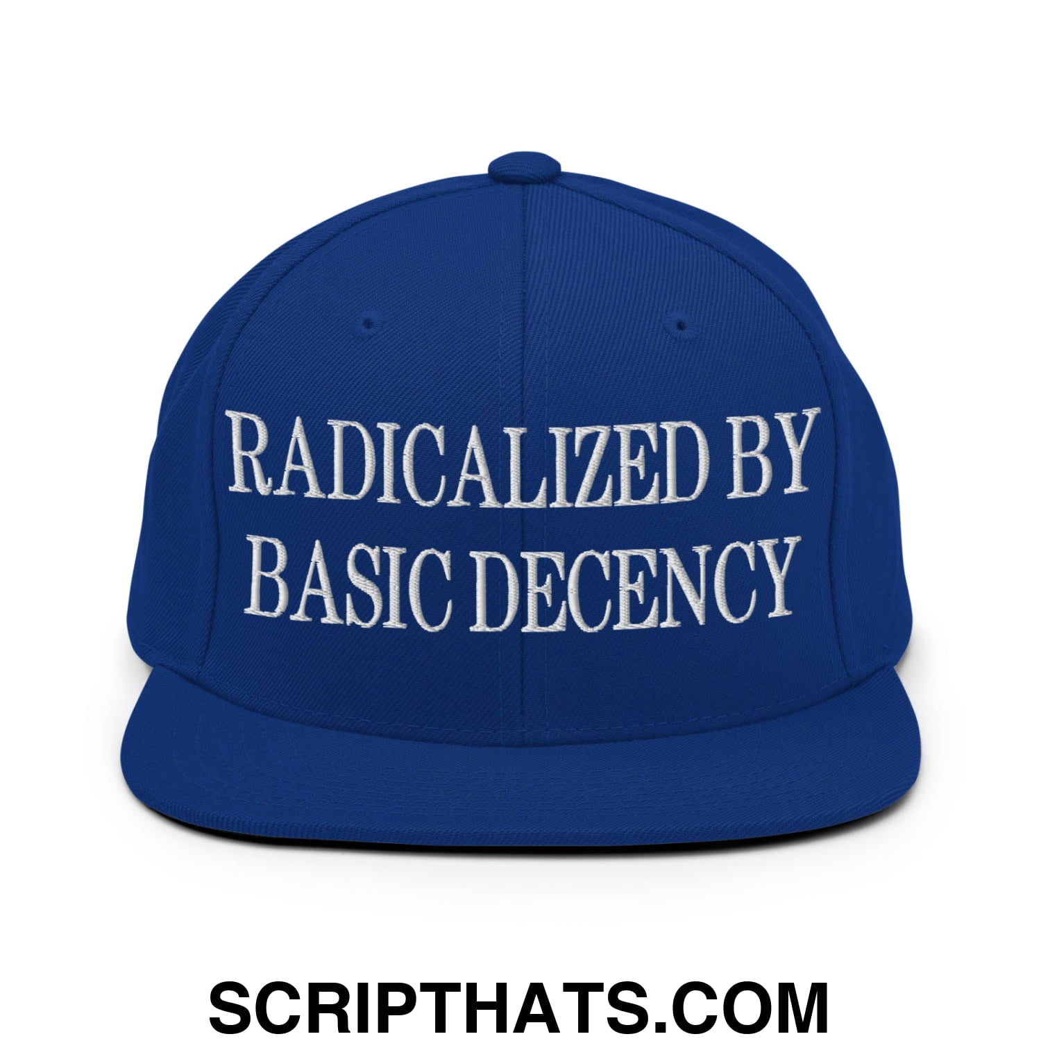 Radicalized by Basic Decency Embroidered Flat Bill Brim Snapback Hat Royal Blue
