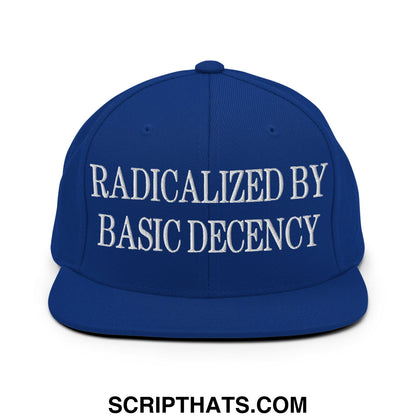 Royal blue snapback hat with white embroidered text radicalized by basic decency flat bill brim design
