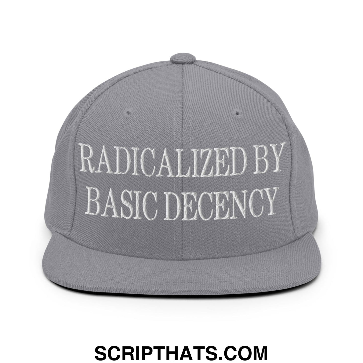 Gray snapback hat with white embroidered text radicalized by basic decency and a flat bill brim design