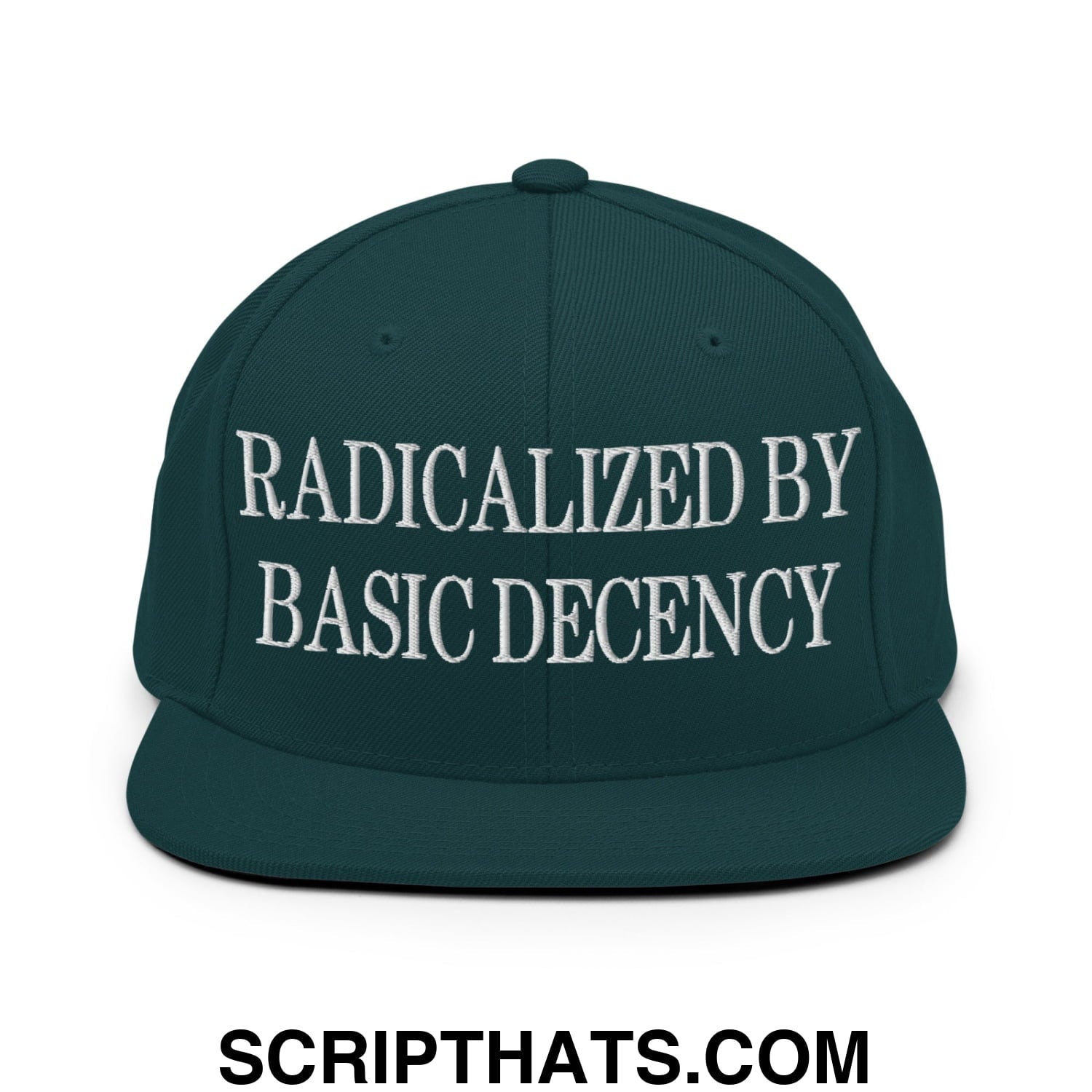 Radicalized by Basic Decency Embroidered Flat Bill Brim Snapback Hat Spruce