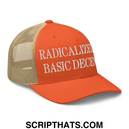 Radicalized by Basic Decency Embroidered Mesh Trucker Hat Rustic Orange Khaki
