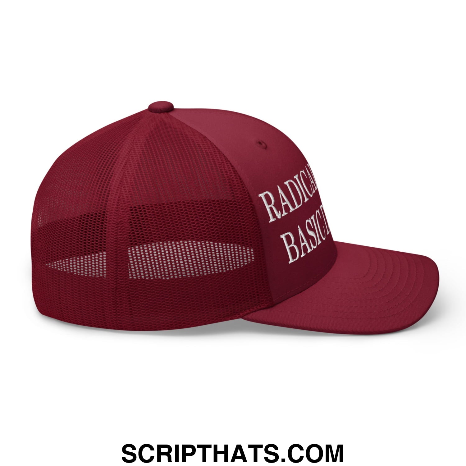 Radicalized by Basic Decency Embroidered Mesh Trucker Hat Cranberry