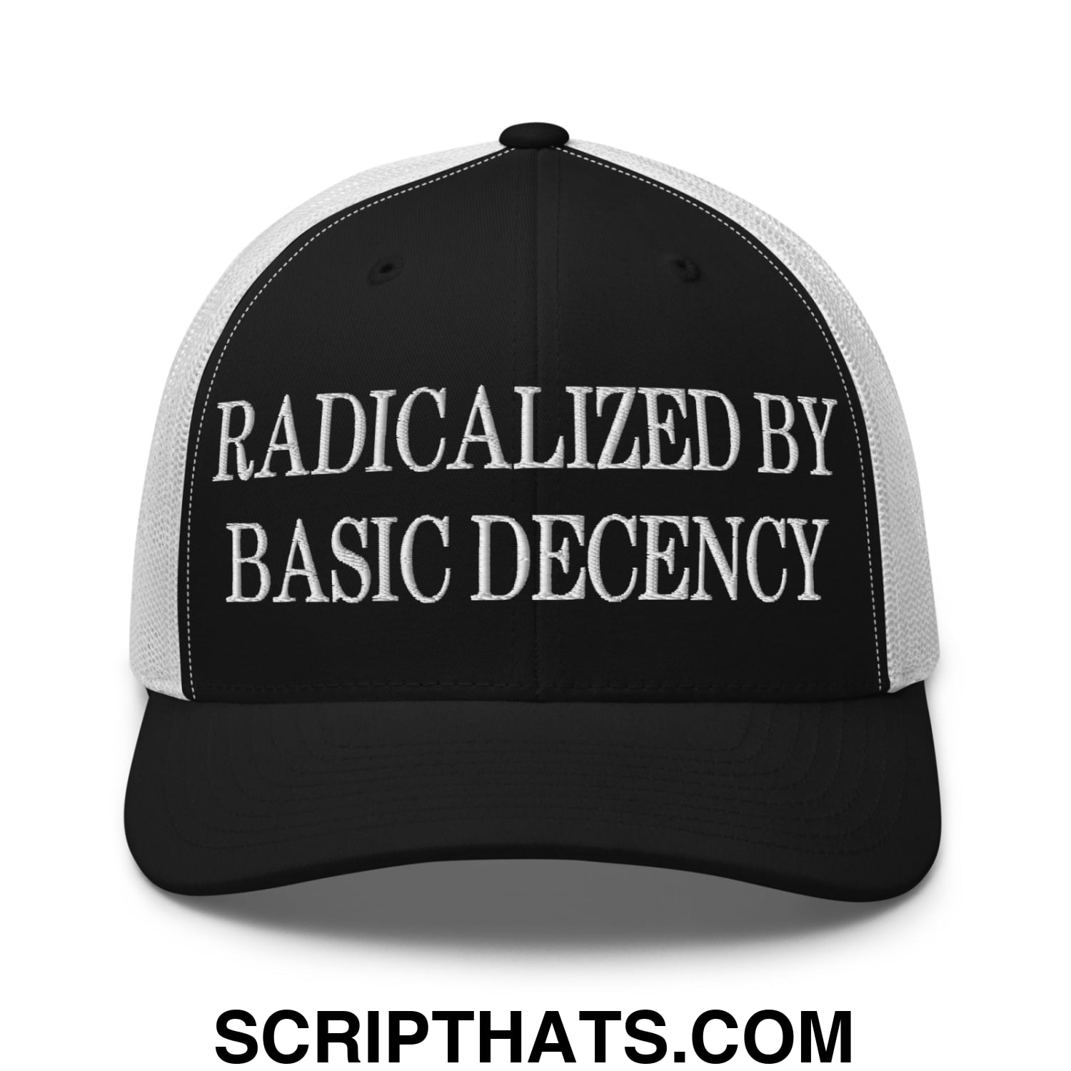 Radicalized by Basic Decency Embroidered Mesh Trucker Hat Black White