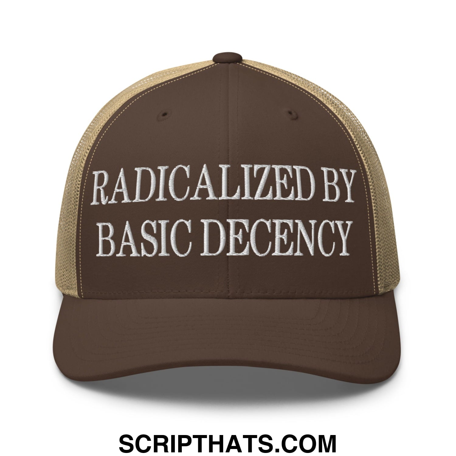 Radicalized by Basic Decency Embroidered Mesh Trucker Hat Brown Khaki