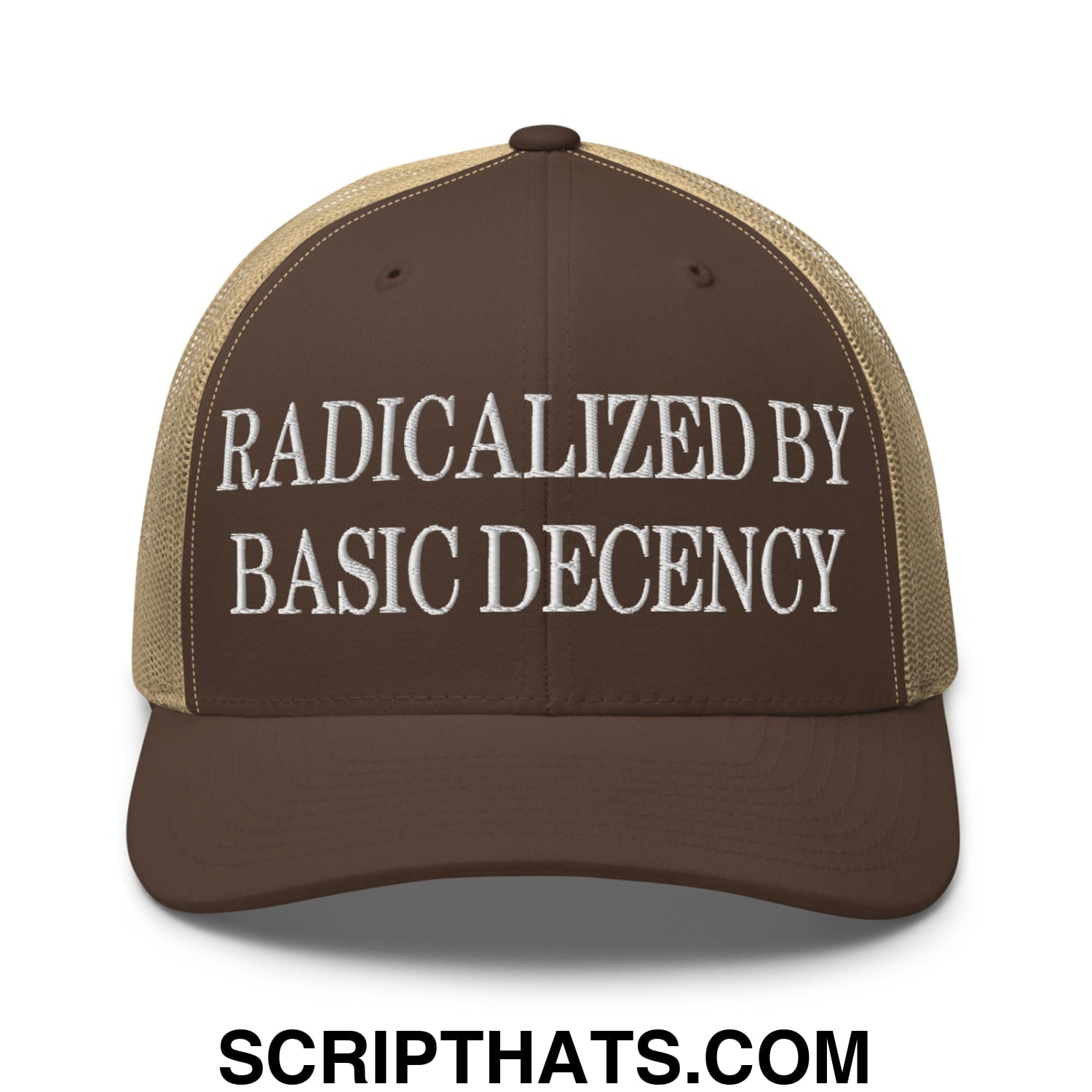 Radicalized by Basic Decency Embroidered Mesh Trucker Hat Brown Khaki