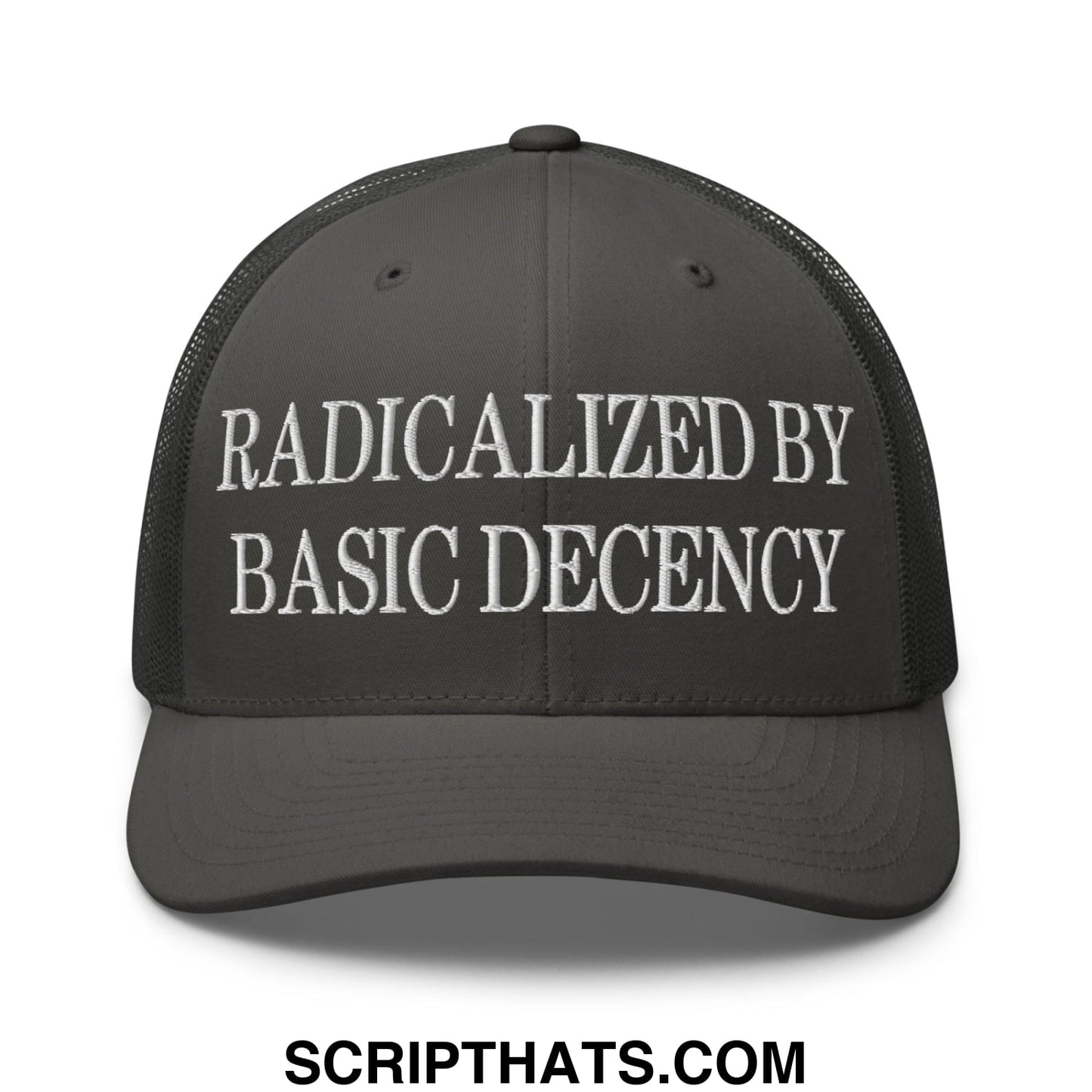 Radicalized by Basic Decency Embroidered Mesh Trucker Hat Charcoal