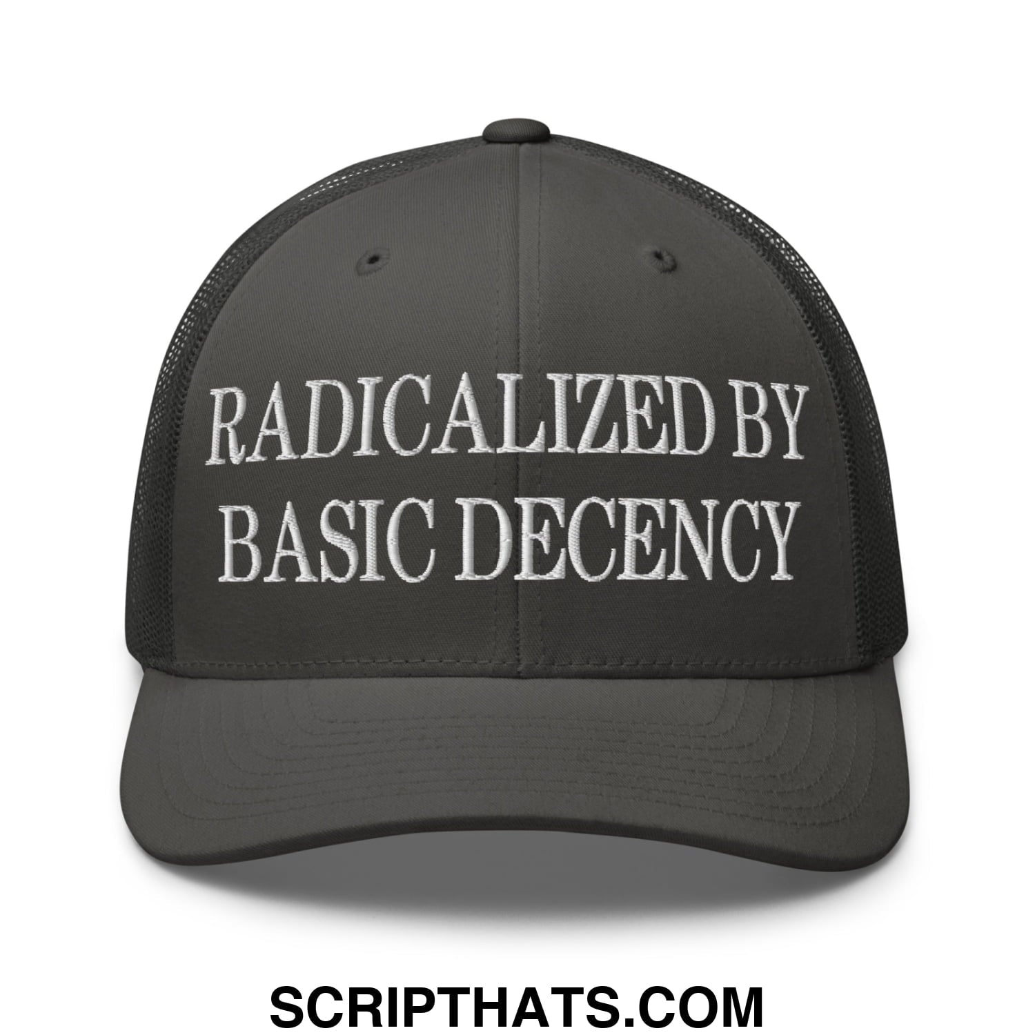 Radicalized by Basic Decency Embroidered Mesh Trucker Hat Charcoal