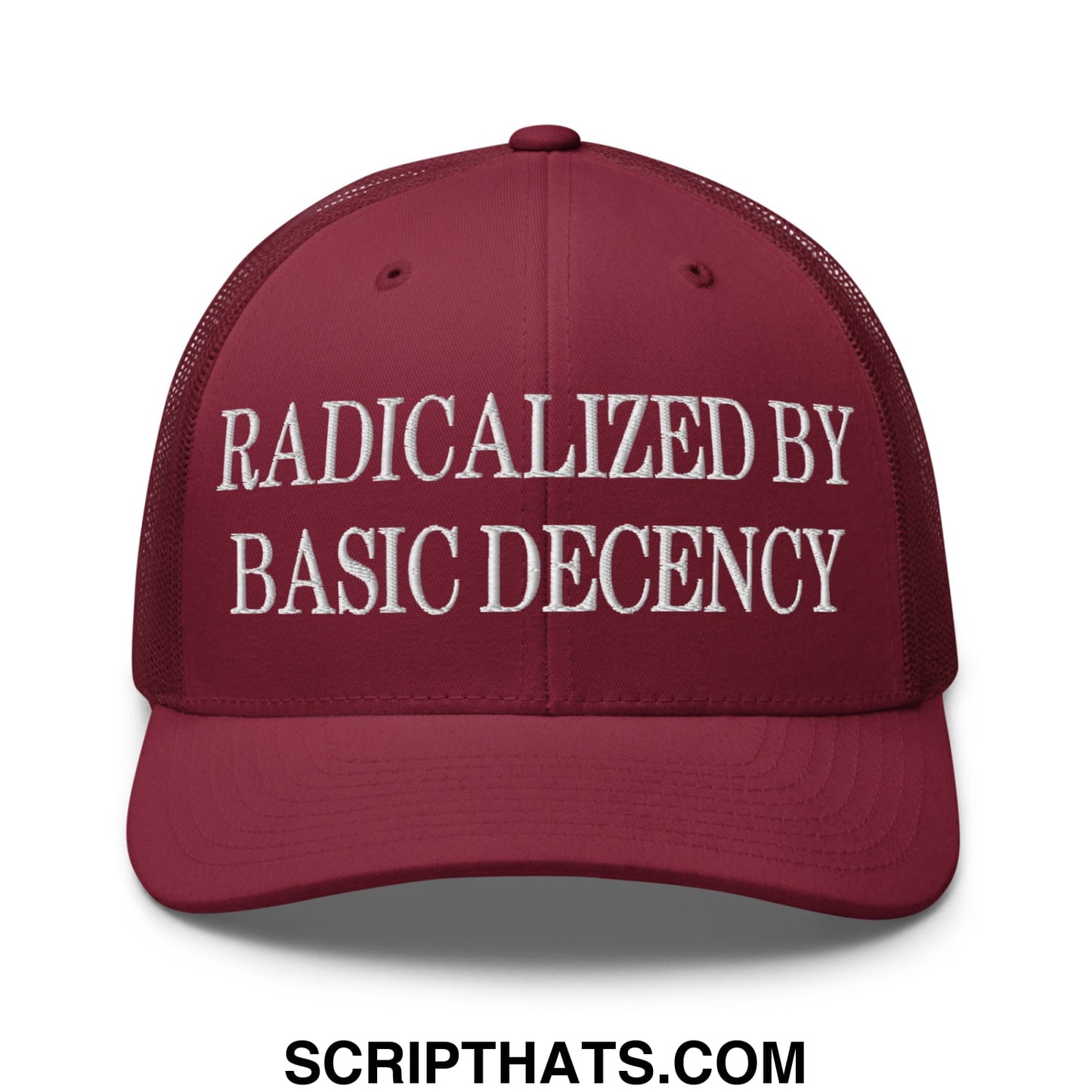 Radicalized by Basic Decency Embroidered Mesh Trucker Hat Cranberry