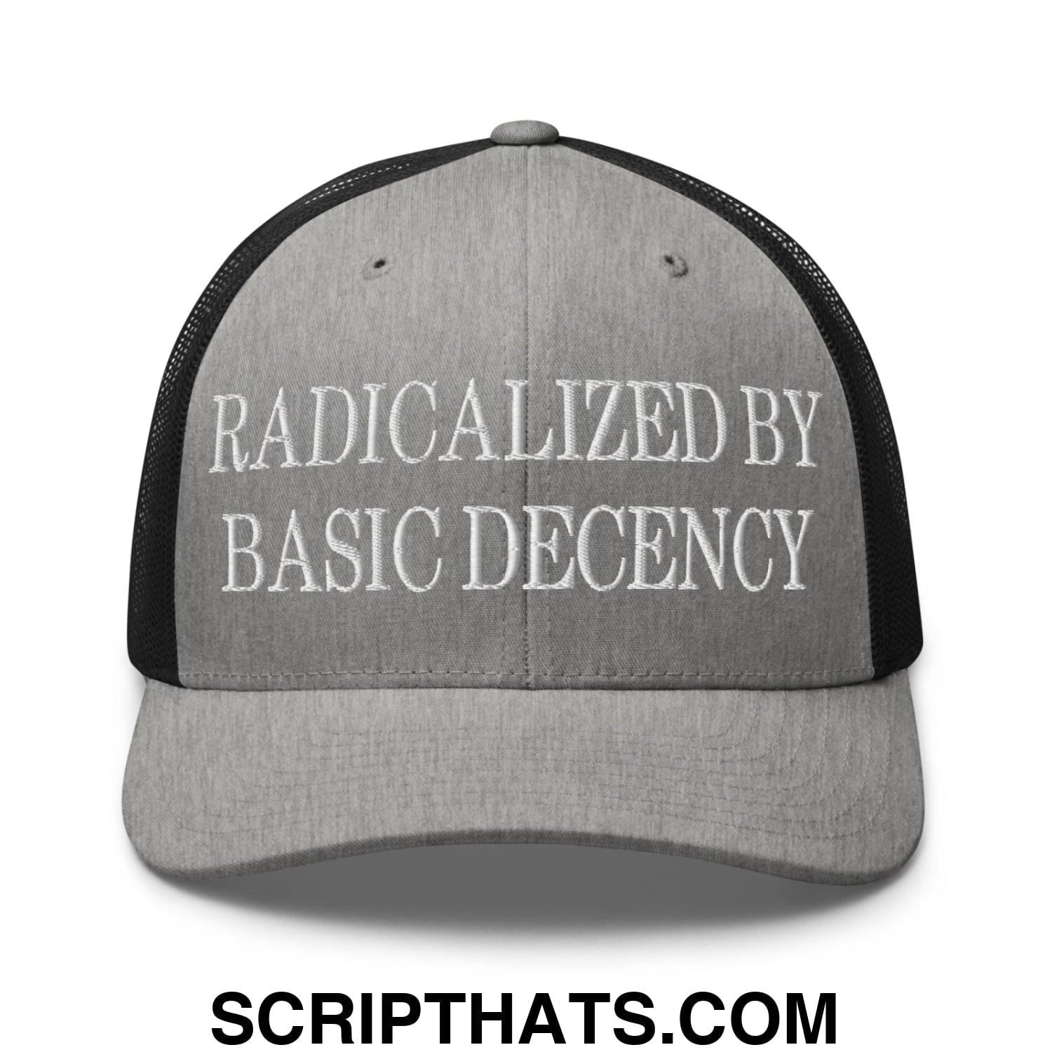 Radicalized by Basic Decency Embroidered Mesh Trucker Hat Heather Black