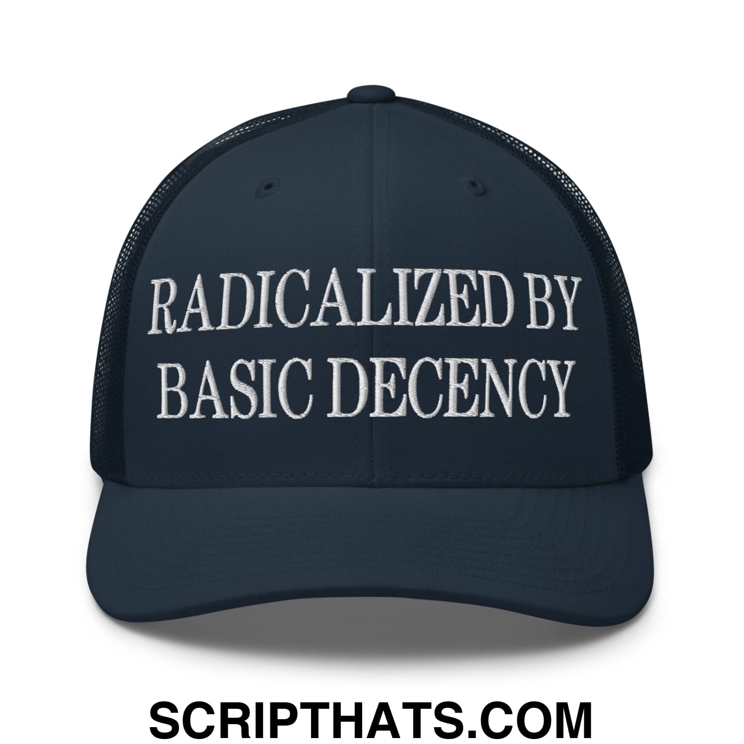 Radicalized by Basic Decency Embroidered Mesh Trucker Hat Navy