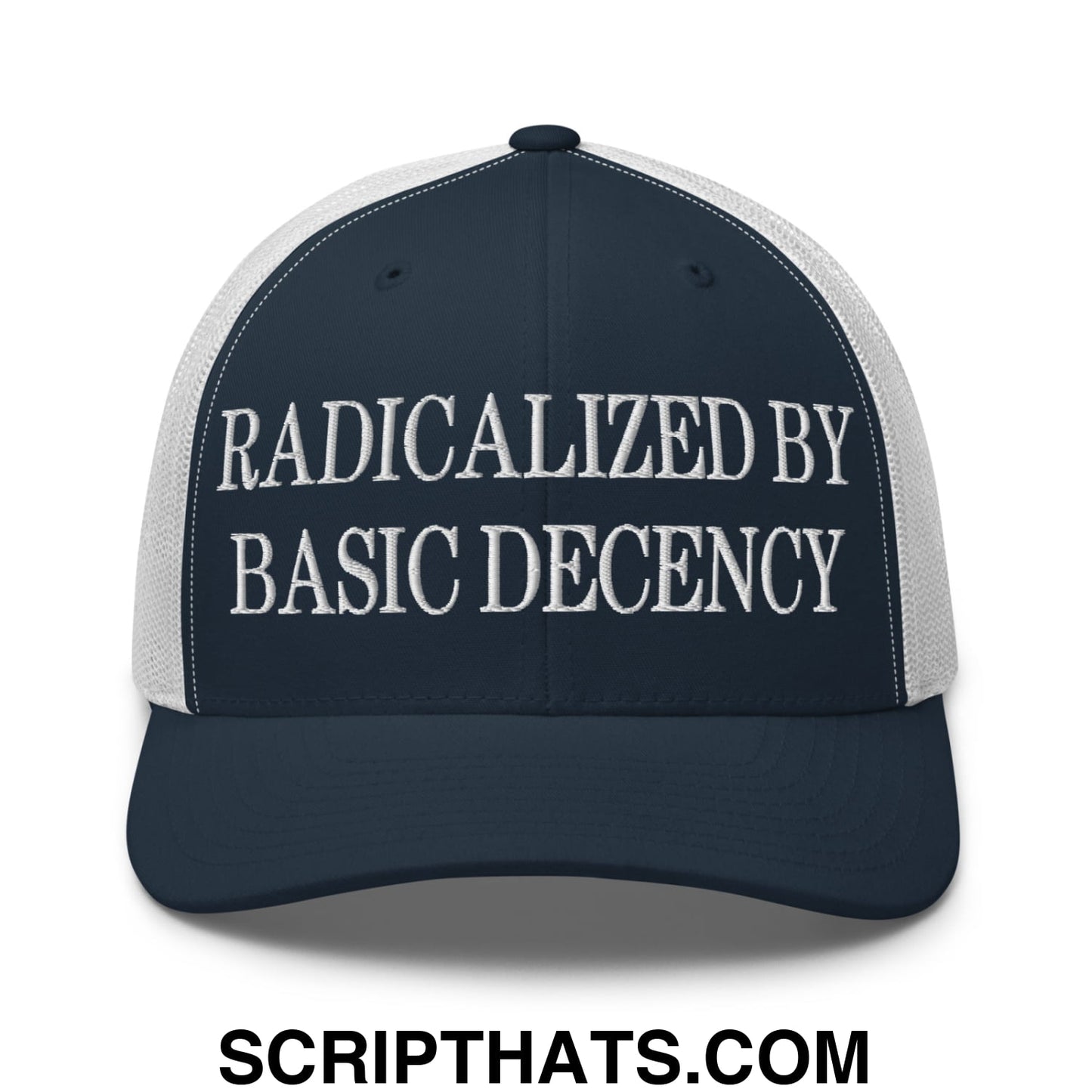 Radicalized by Basic Decency Embroidered Mesh Trucker Hat Navy White