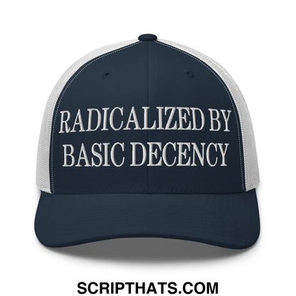 Radicalized by Basic Decency Embroidered Mesh Trucker Hat Navy White