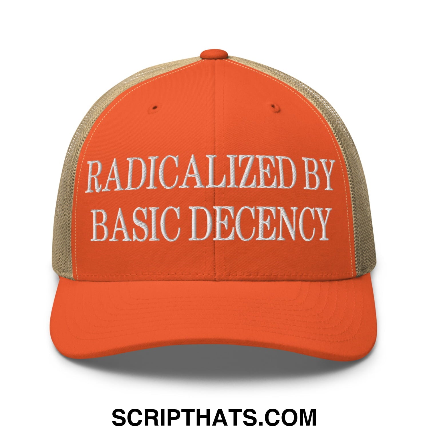Radicalized by Basic Decency Embroidered Mesh Trucker Hat Rustic Orange Khaki