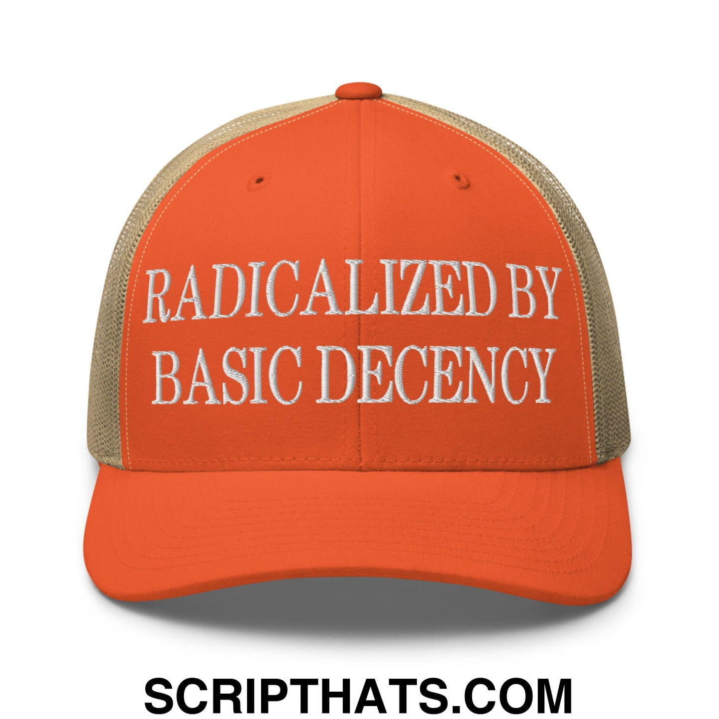Radicalized by Basic Decency Embroidered Mesh Trucker Hat Rustic Orange Khaki