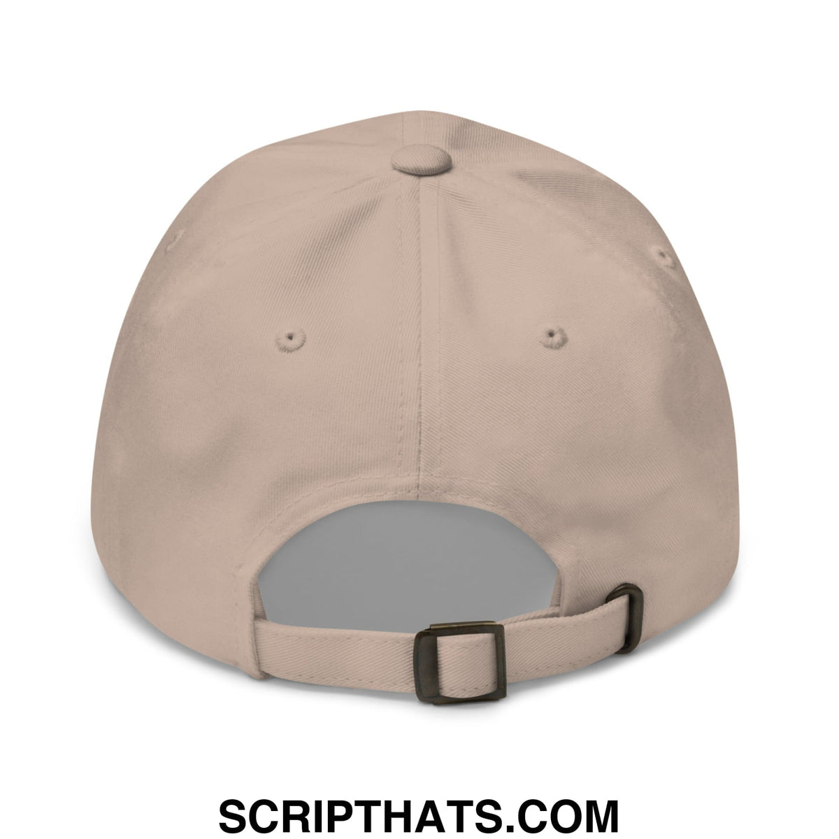 Beige radicalized by basic decency embroidered unstructured dad hat showing black plastic buckle and adjustable strap