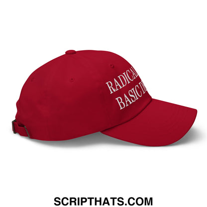 Red unstructured dad hat with white embroidered radical basic text from the radicalized by basic decency collection