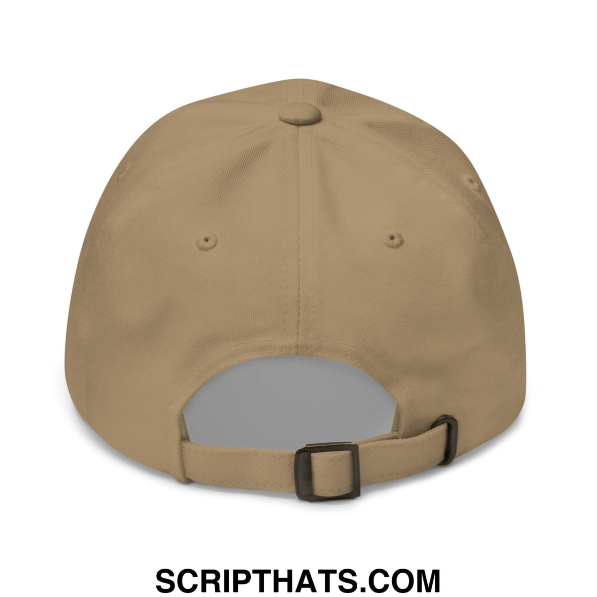 Back view of a tan radicalized by basic decency embroidered unstructured dad hat with black plastic buckle and adjustable strap