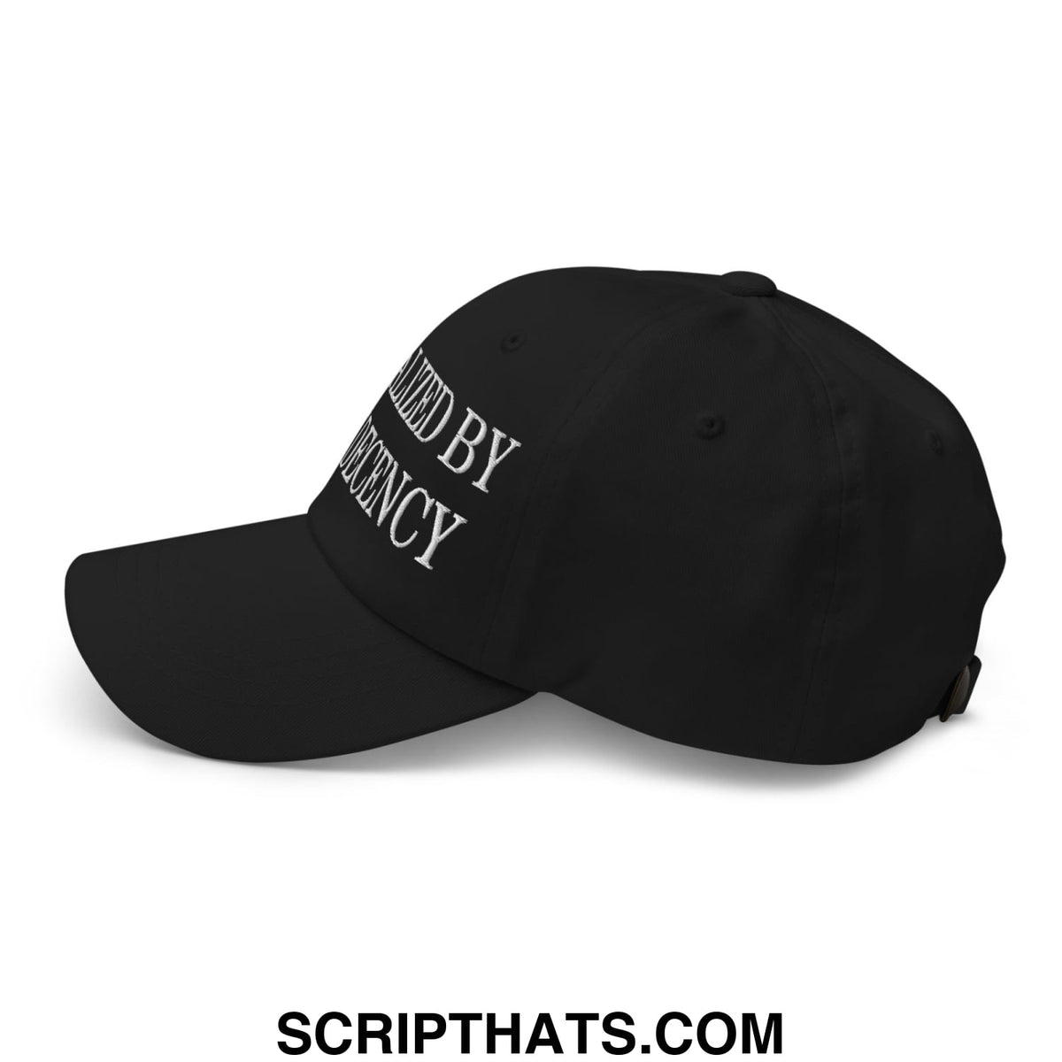 Black unstructured dad hat with white embroidered guided by influence text radicalized by basic decency design