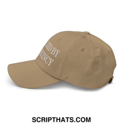 Tan unstructured dad hat with white embroidered guided by fervency text side detail by Radicalized by Basic Decency