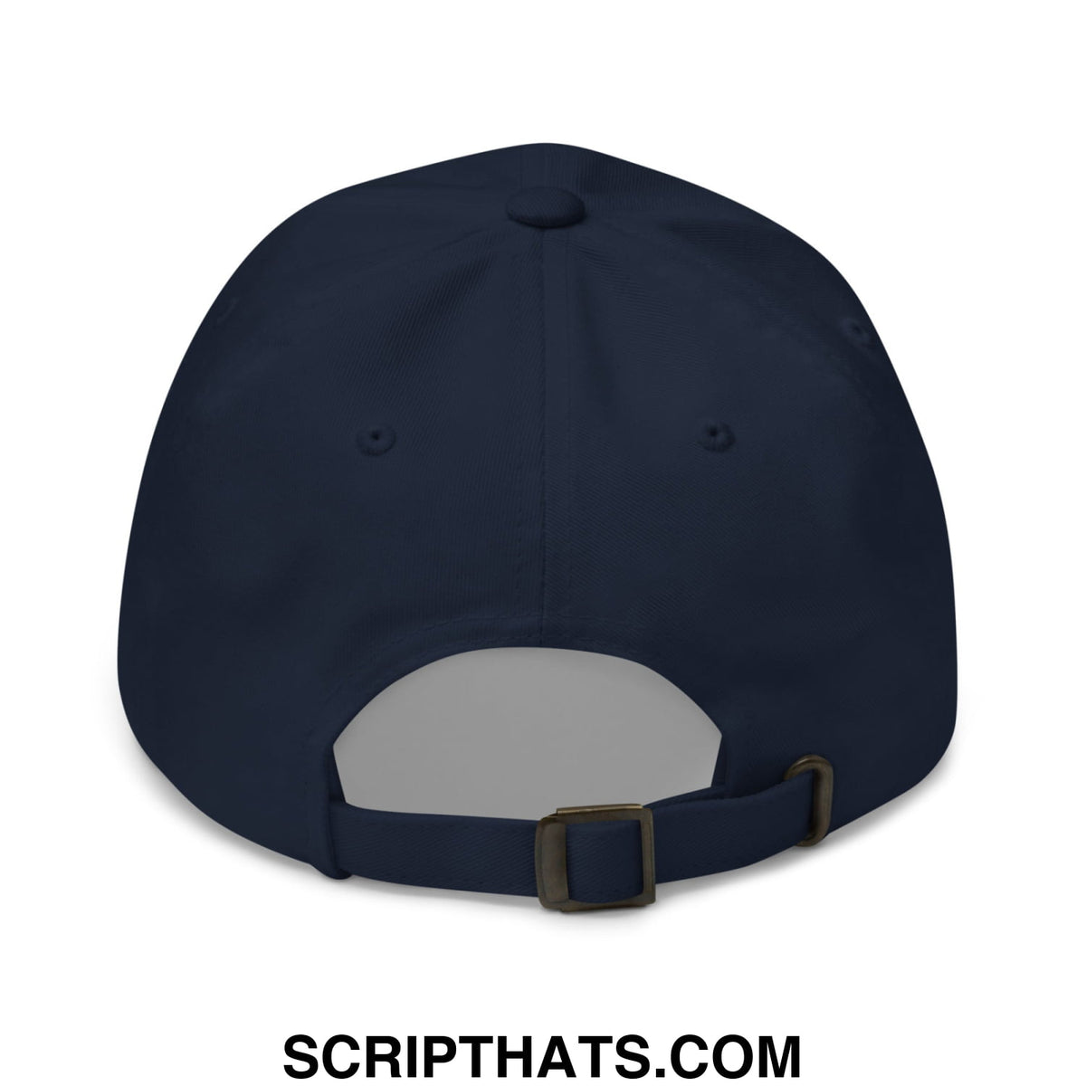 Navy blue unstructured dad hat with adjustable strap and metal buckle embroidered with radicalized by basic decency