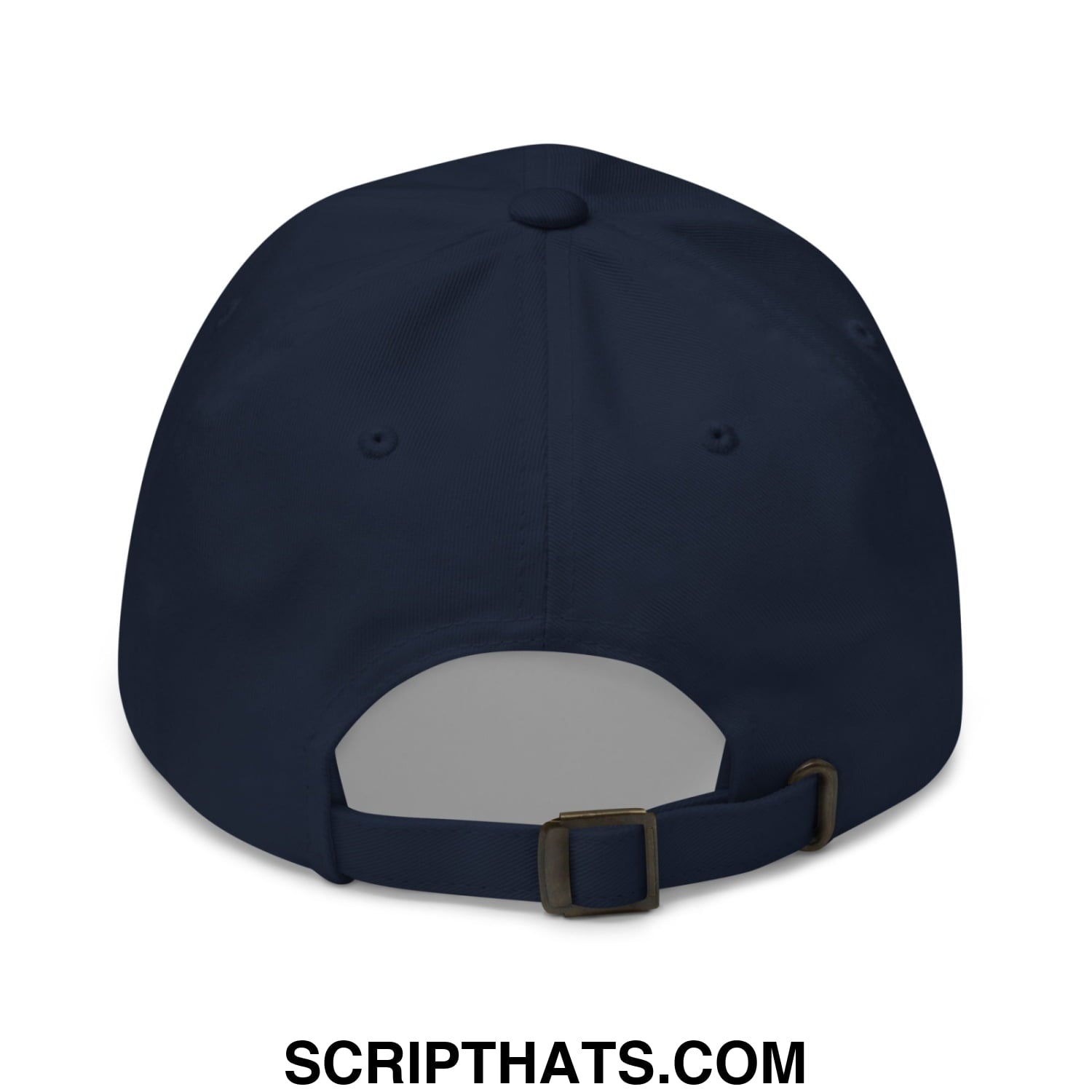 Navy blue unstructured dad hat with adjustable strap and metal buckle embroidered with radicalized by basic decency