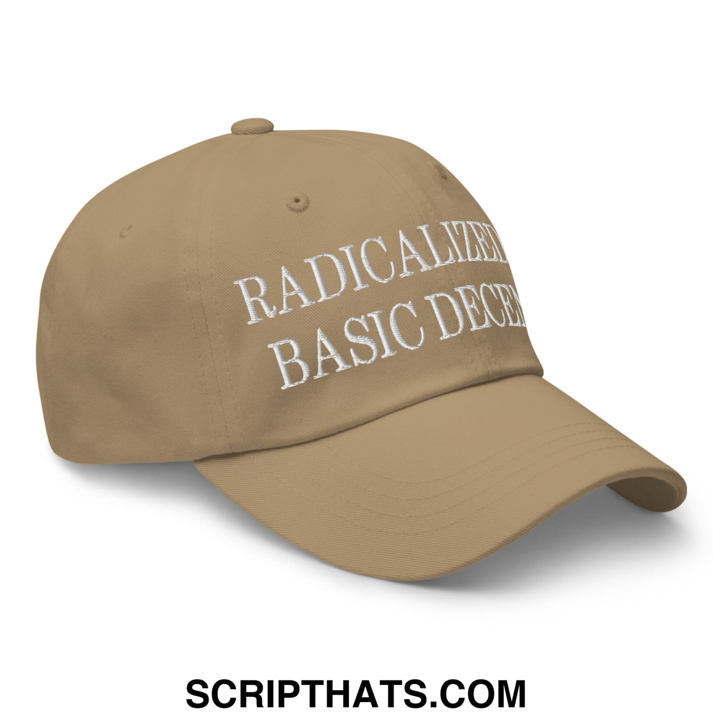 Tan unstructured dad hat with white embroidered text reading radicalized basic decency for casual wear