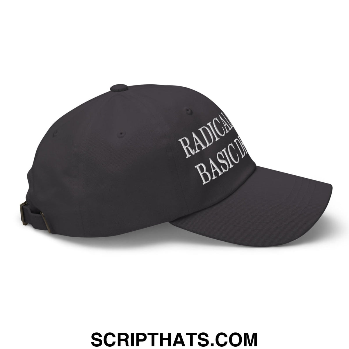 Black unstructured dad hat with white embroidered radical basic text classic script font from radicalized by basic decency