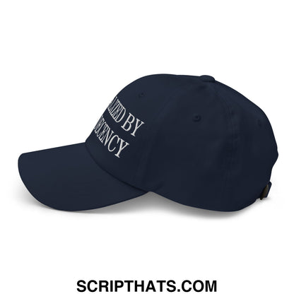 Navy blue embroidered unstructured dad hat with white text reading ruled by ineptency from radicalized by basic decency collection