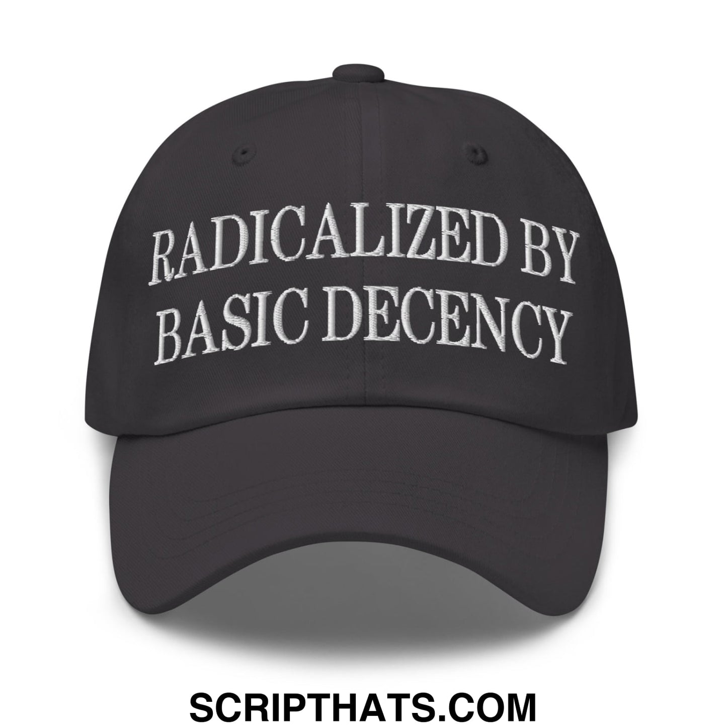 Black embroidered radicalized by basic decency unstructured dad hat with white text on front panel