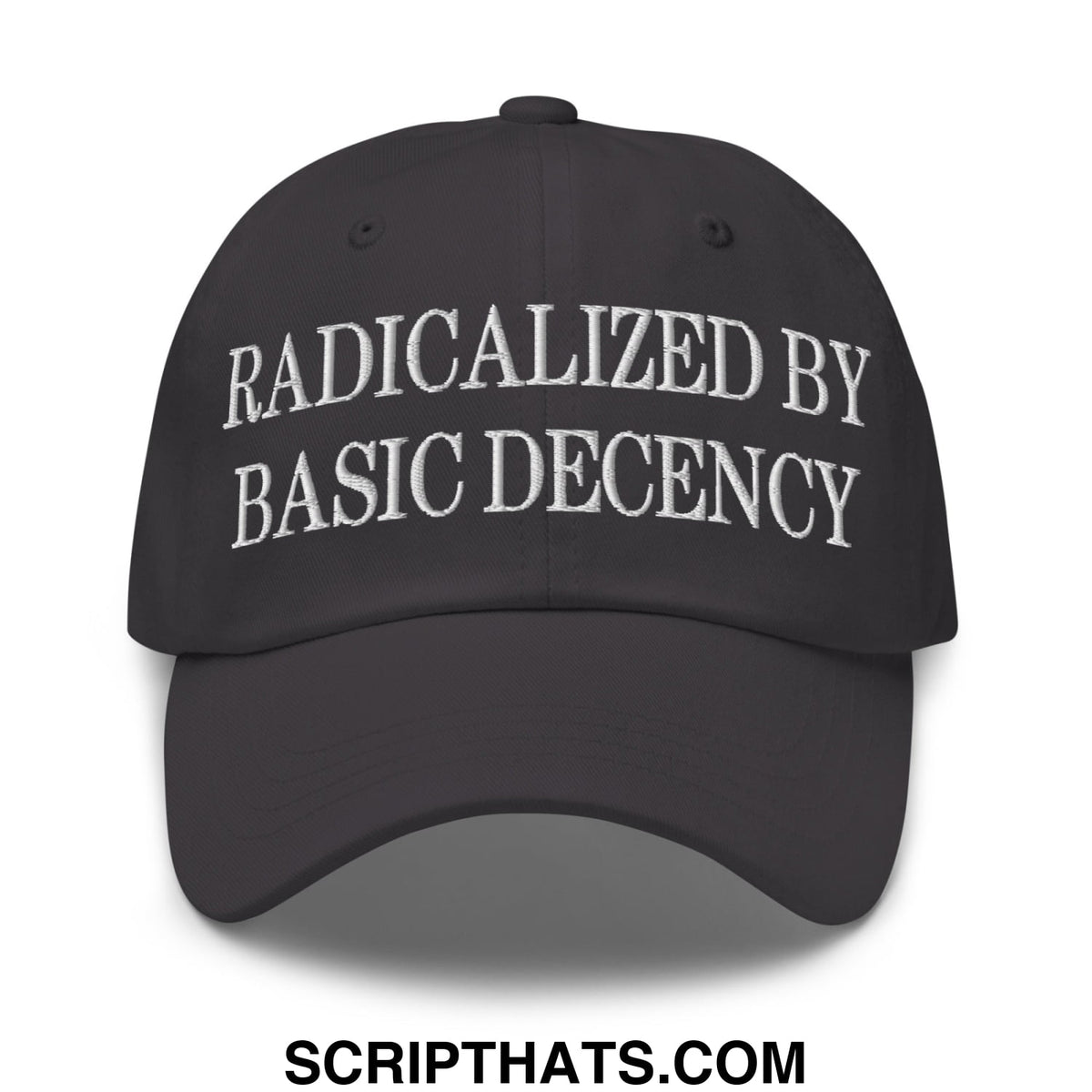 Black embroidered radicalized by basic decency unstructured dad hat with white text on front panel
