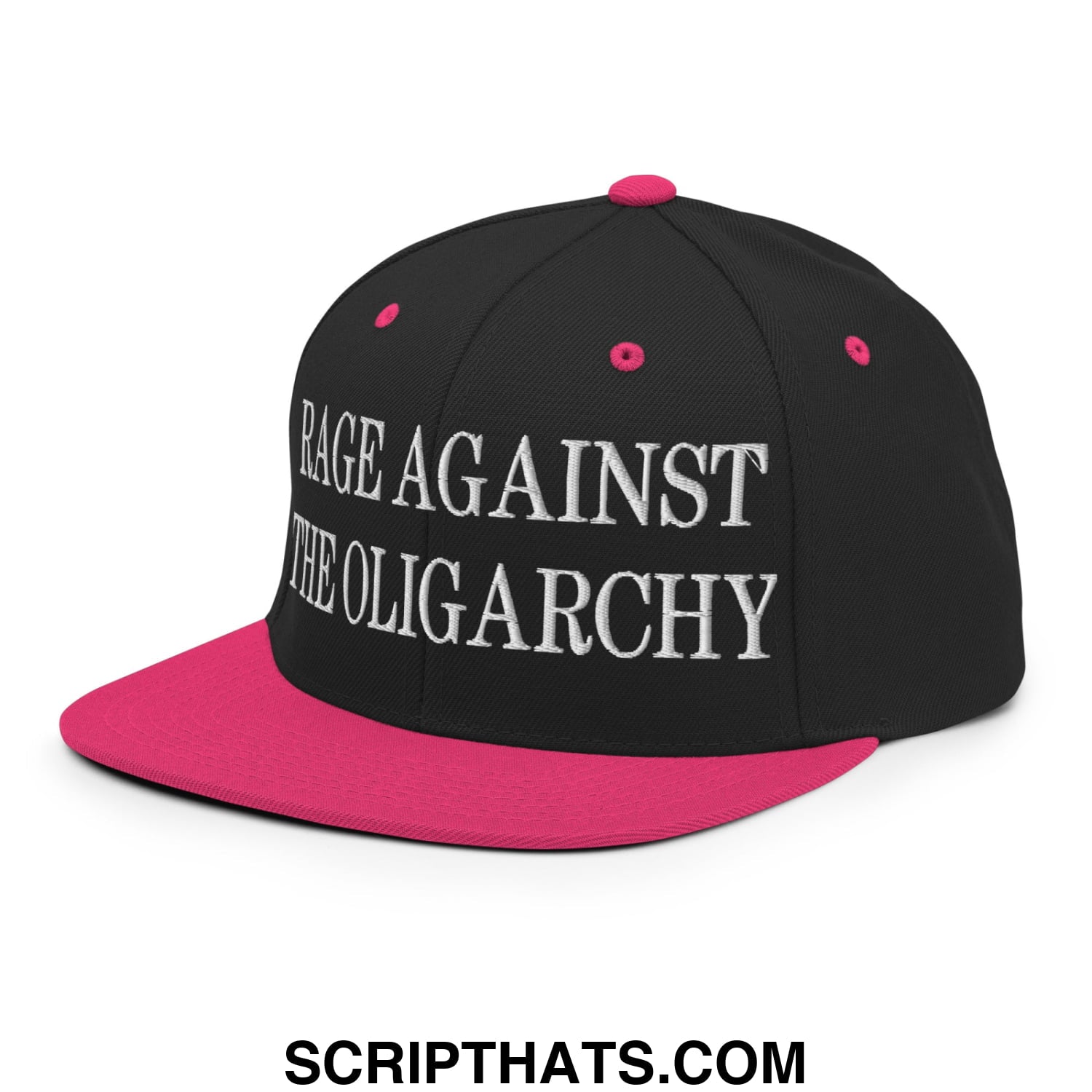 Rage Against The Oligarchy Embroidered Flat Bill Brim Snapback Hat Black Neon Pink