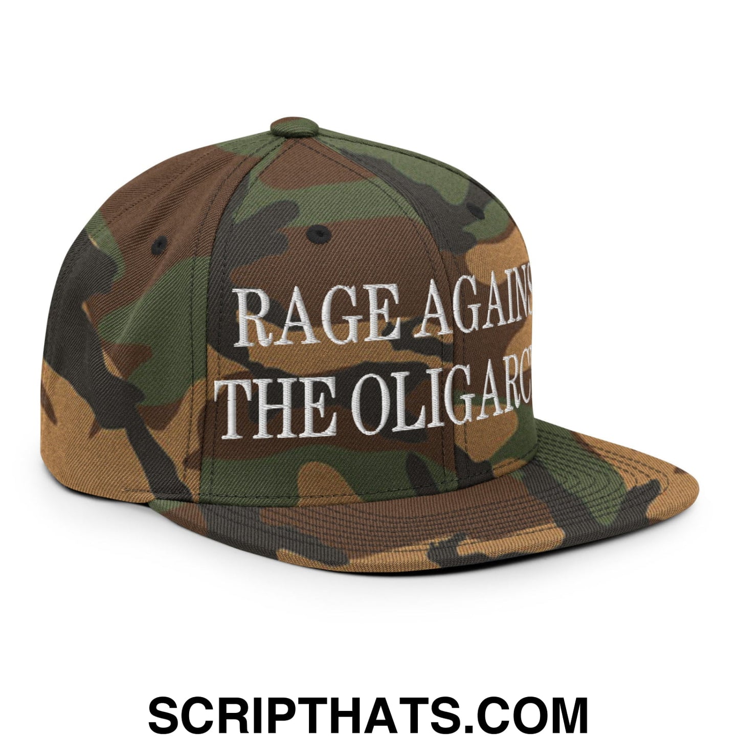 Rage Against The Oligarchy Embroidered Flat Bill Brim Snapback Hat Green Camo