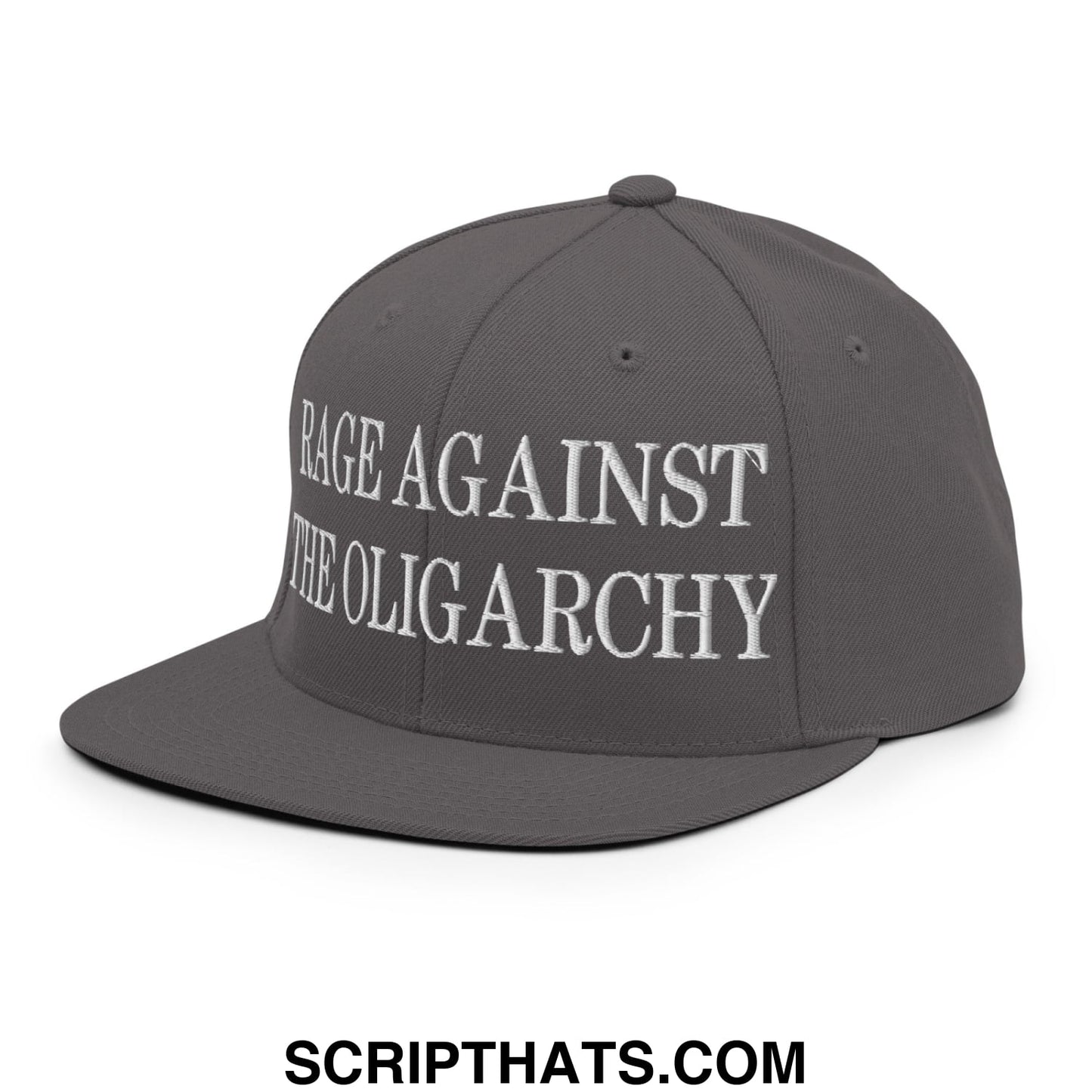 Rage Against The Oligarchy Embroidered Flat Bill Brim Snapback Hat Dark Grey