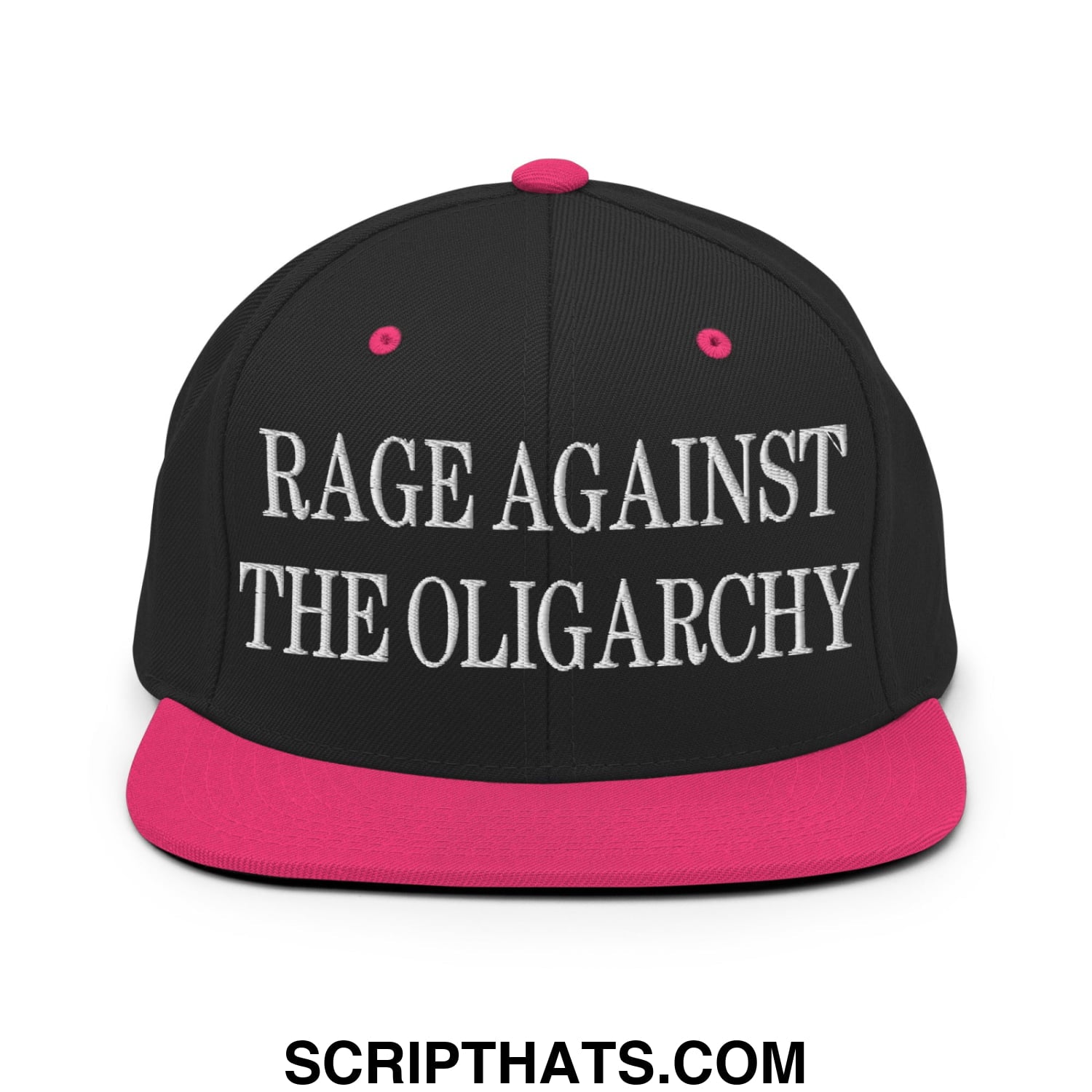 Rage Against The Oligarchy Embroidered Flat Bill Brim Snapback Hat Black Neon Pink
